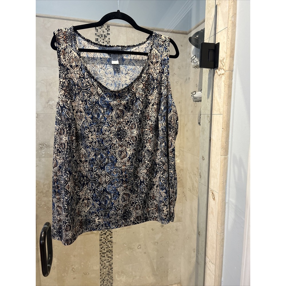 Catherines Sleeveless Tank Top Blouse Size 2X Brown Blue Tan Paisley Stretch